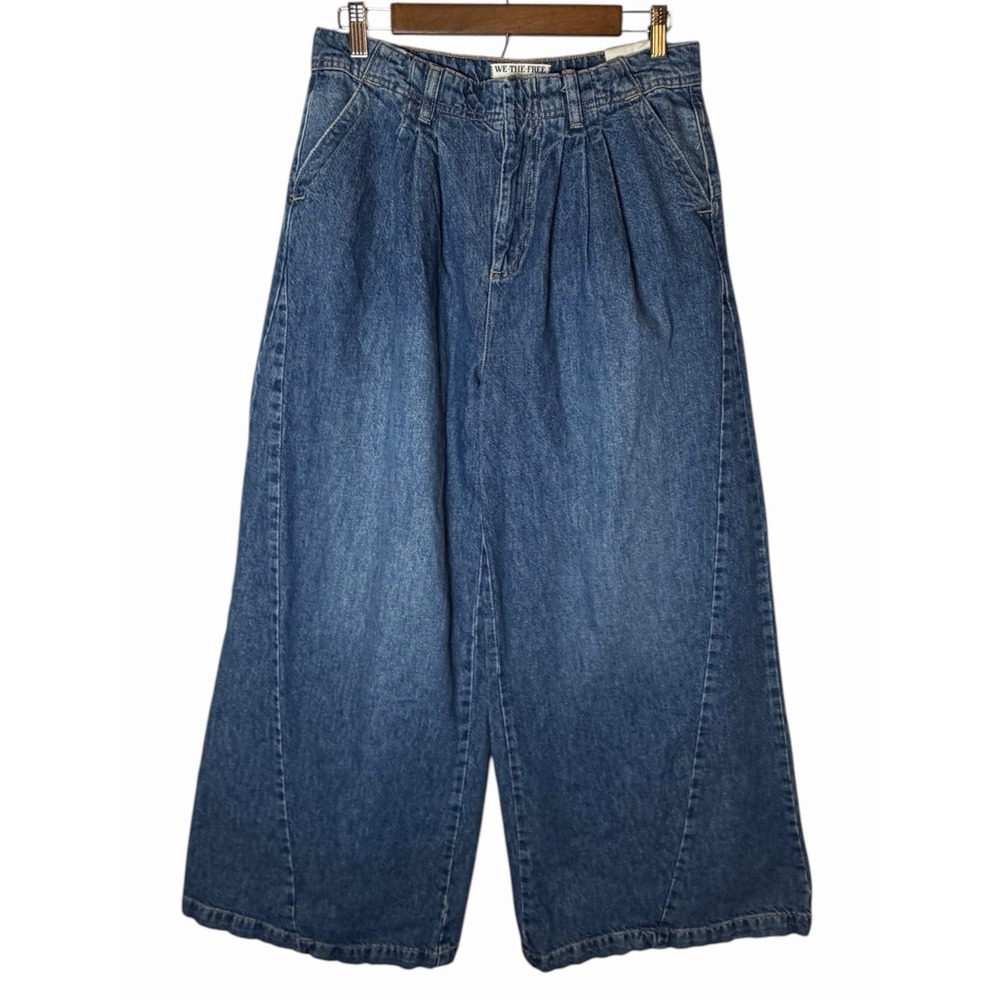 We The Free People Equinox Denim Trouser Wide Leg Pleated Jeans Blue Size 28 - Picture 4 of 9